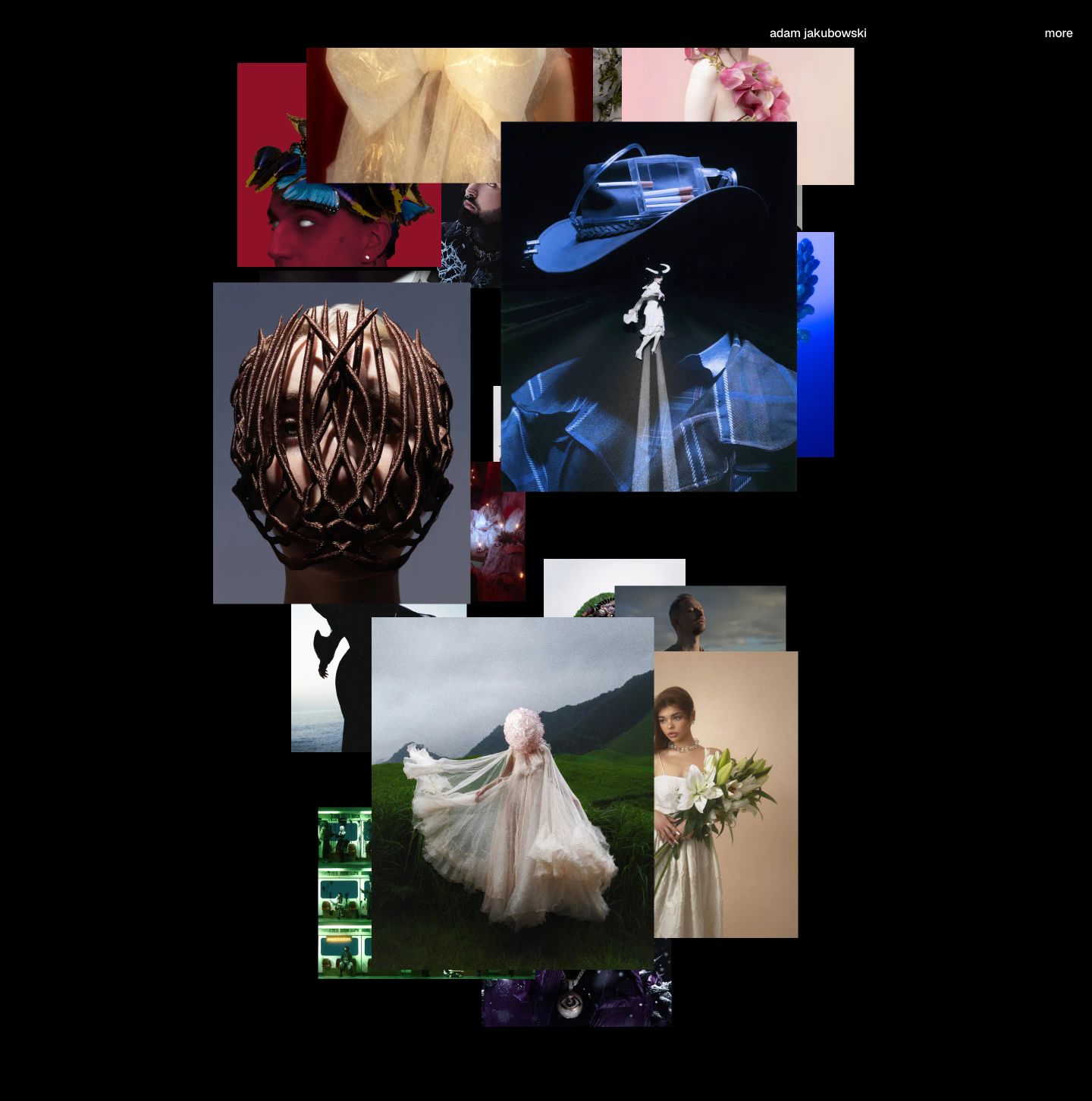 An enigmatic, surreal collage of high-fashion and avant-garde editorial photography drifting freely across a vast black void.