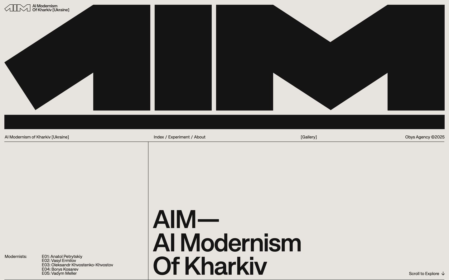 Monumental constructivist letterforms and crisp architectural gridlines give this editorial hero a stark, intellectual presence.