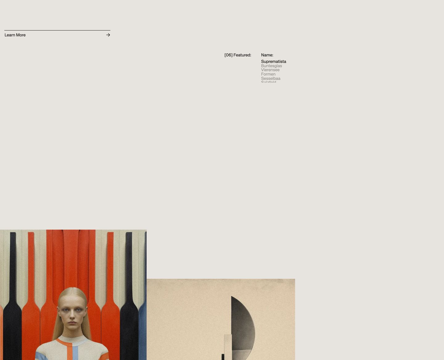 Sparse, gallery-like editorial showcase using expansive neutral whitespace, precise index typography, and staggered constructivist-inspired imagery.