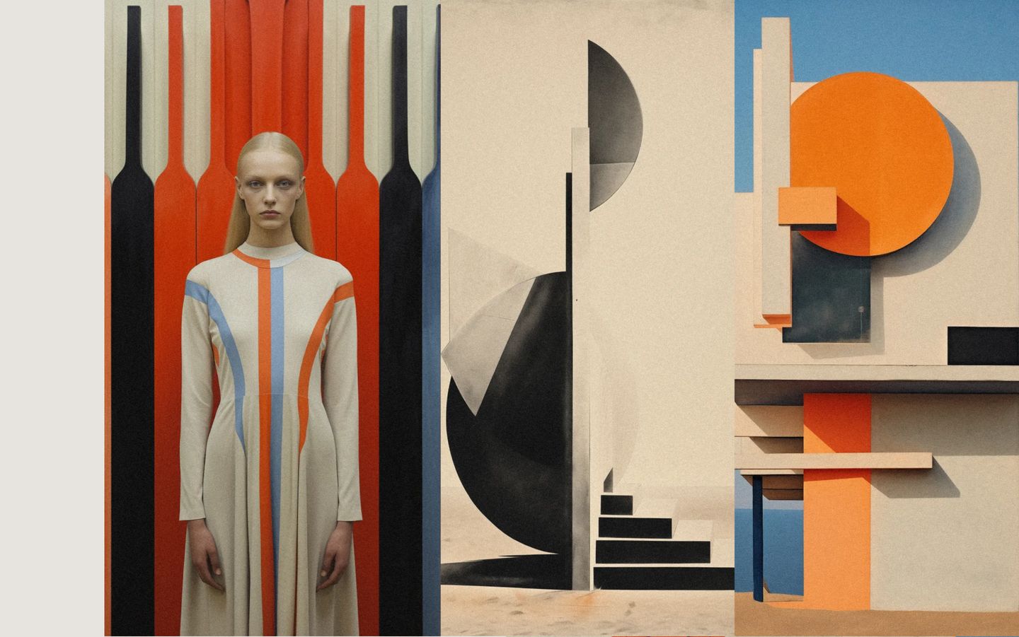 A striking constructivist triptych combining fashion photography, geometric abstraction, and architectural forms with retro-futurist precision.