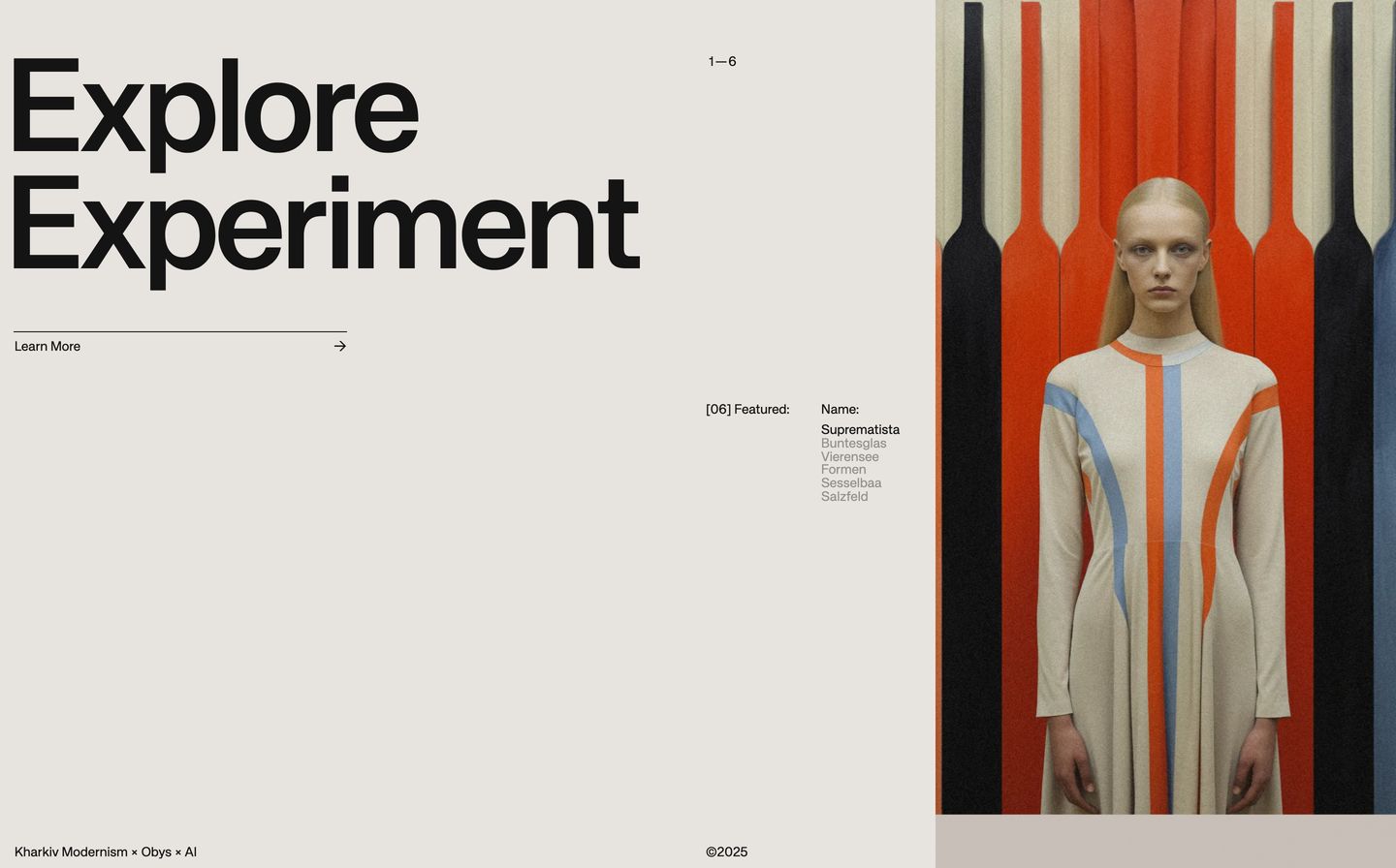 Stark avant-garde editorial showcase pairing oversized modernist typography with a poised constructivist fashion portrait across generous muted canvas.