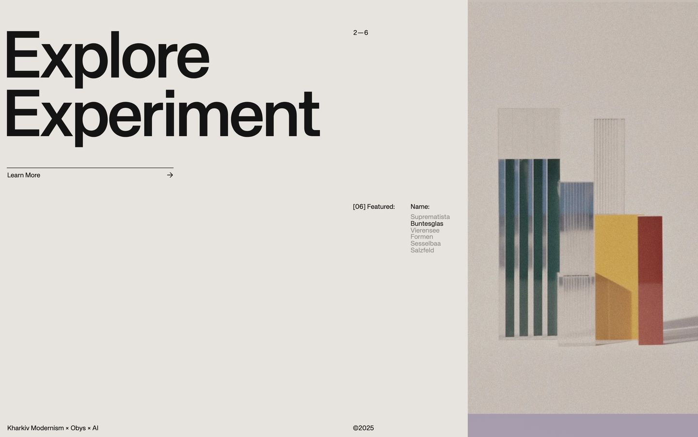 A serene Swiss-style editorial split pairing massive grotesque typography with geometric glass forms against a warm, tactile stone background.