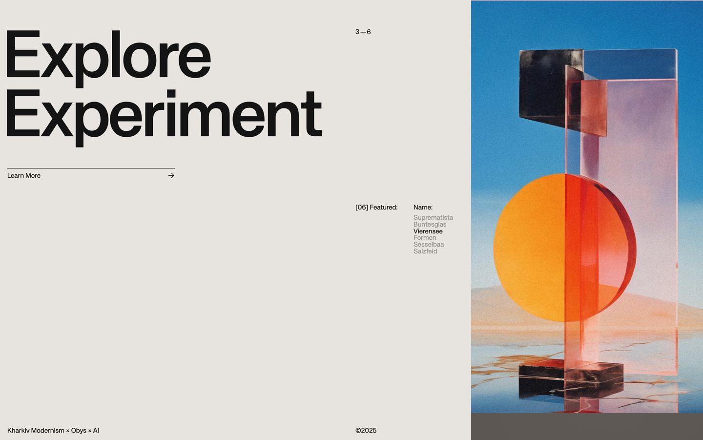 Airy Swiss-inspired editorial showcase balancing monumental type against a translucent geometric glass sculpture.