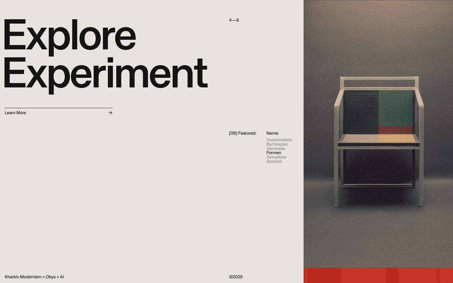 Austere Swiss-style editorial layout pairing massive grotesque typography and sparse catalog metadata with a sculptural modernist chair photograph.