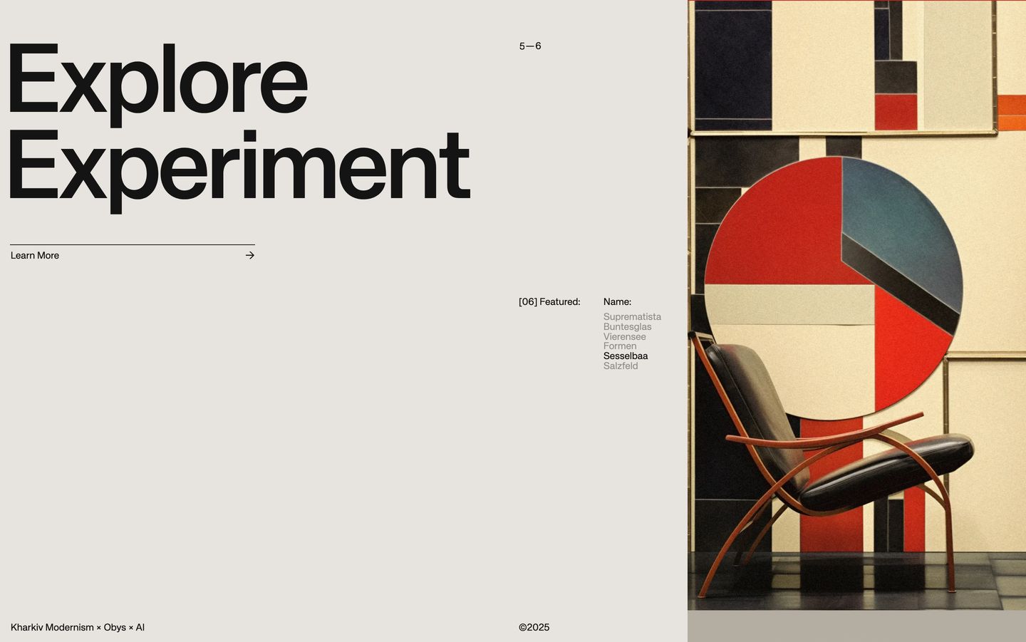 Warm modernist editorial showcase pairing oversized grotesque typography with constructivist geometric artwork and mid-century furniture.