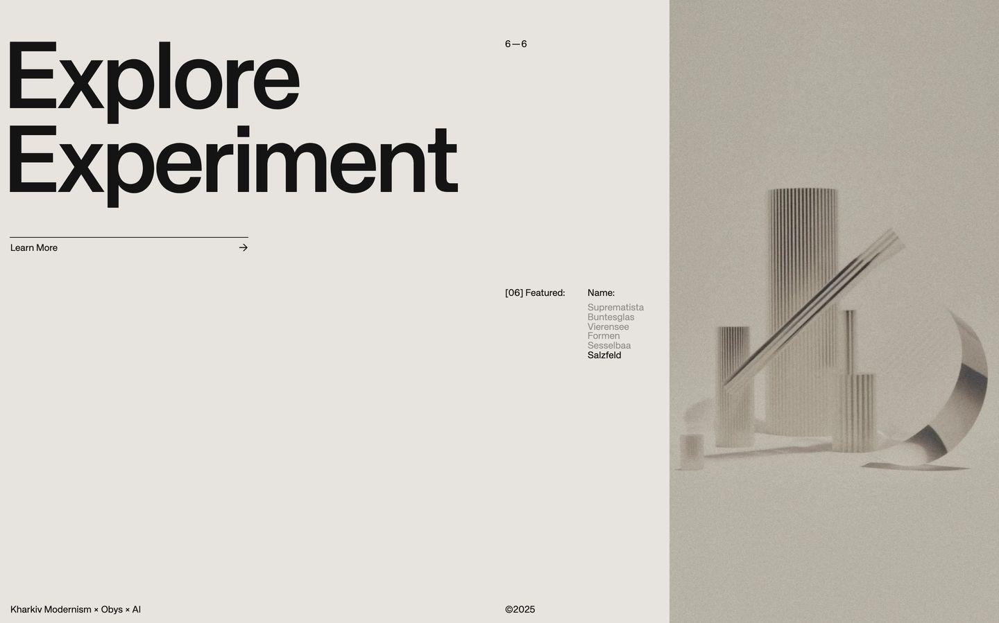 Quiet and architecturally disciplined modernist layout pairing stark oversized grotesque typography against a muted textural 3D still life.