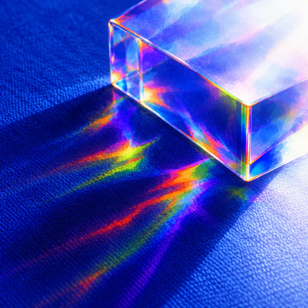 A transparent rectangular glass prism casts vivid rainbow refractions and caustic light patterns across a deep blue textured surface.