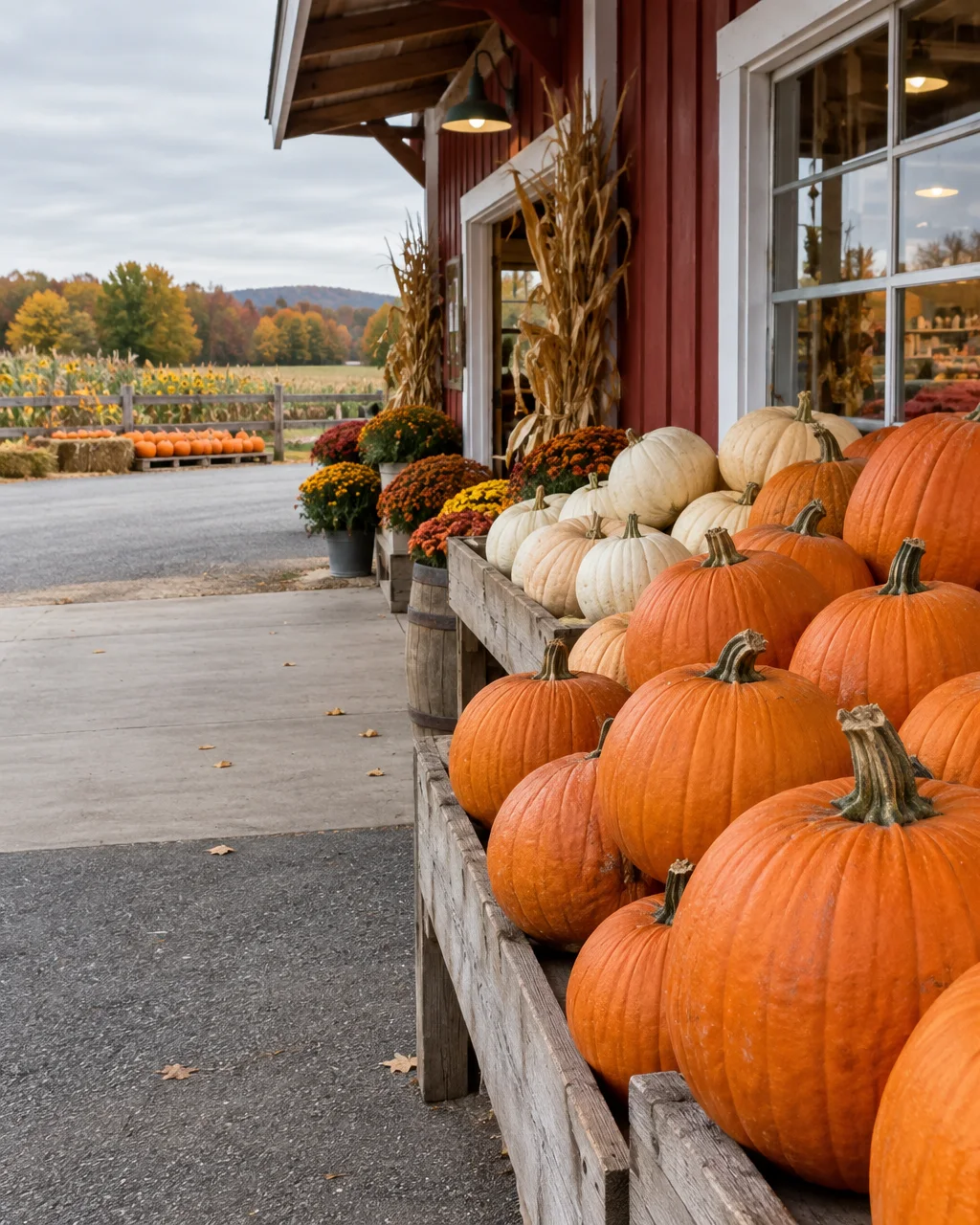 Piles of orange and white pumpkins rest on rustic wooden displays outside a red barn market against a rural autumn landscape.