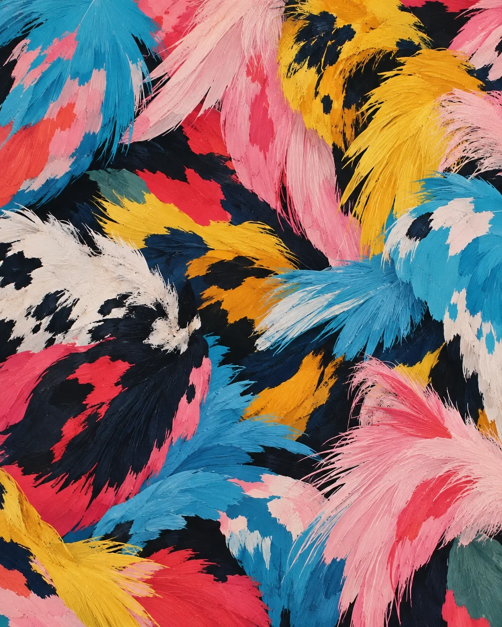 Vivid, feathered brushstrokes in saturated tones of yellow, blue, pink, and black layered across a textured painted canvas.