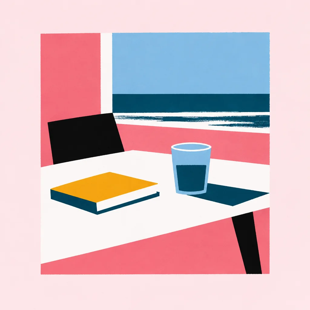 A minimalist flat color illustration of a book and a glass of water resting on a table with a seaside view.