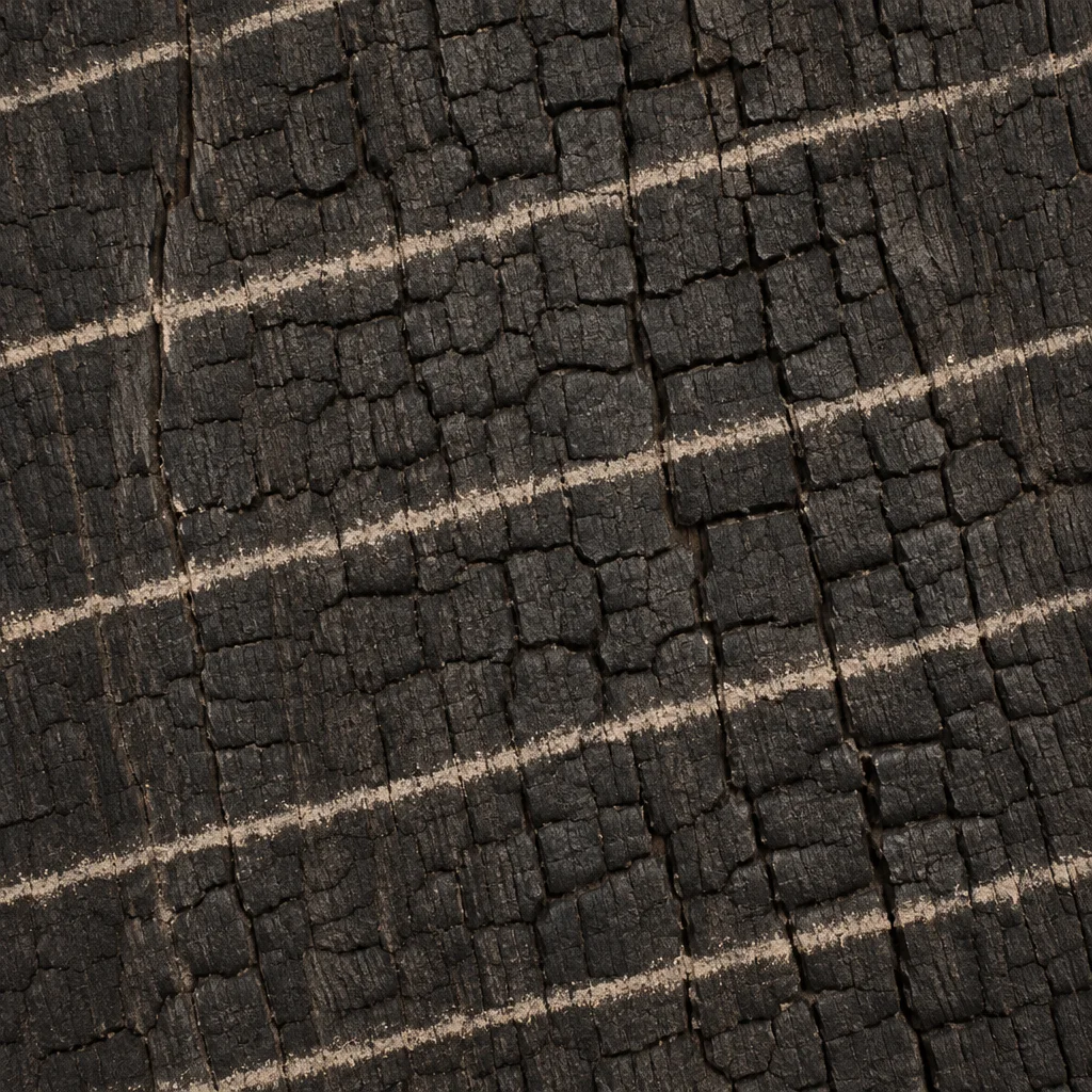 A close-up of deeply charred black wood grain textured with square cracks and diagonal off-white lines.