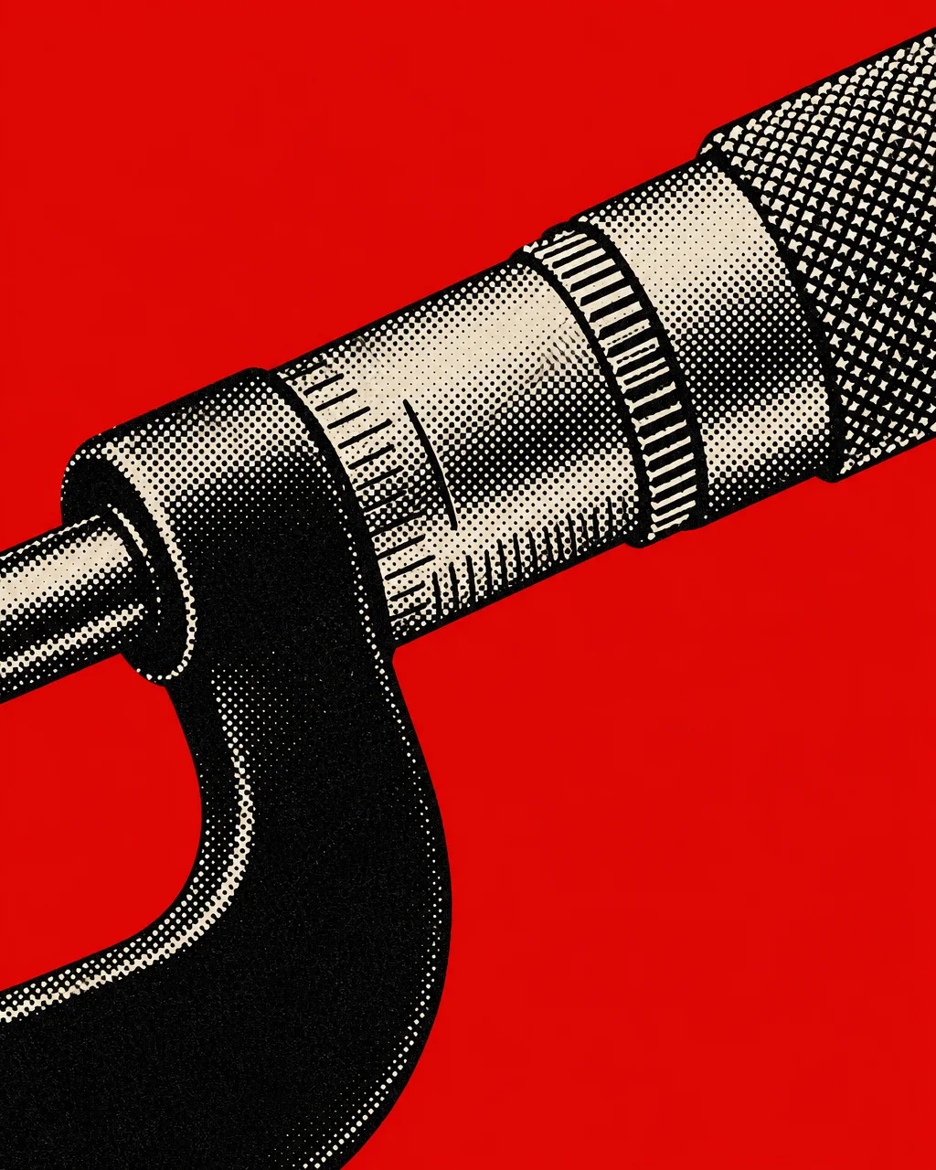 A graphic halftone illustration of an engineering micrometer showing precise measurement markings against a vivid red background.