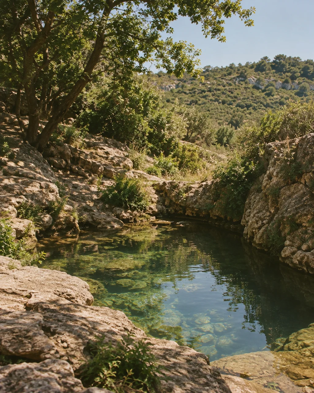 A clear, tranquil freshwater pool nestled between rugged limestone rocks and green foliage under bright sunshine.