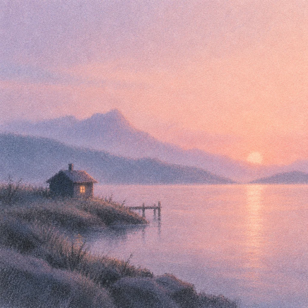 A textured pastel illustration of a small cottage with a glowing window beside a calm mountain lake at sunset.