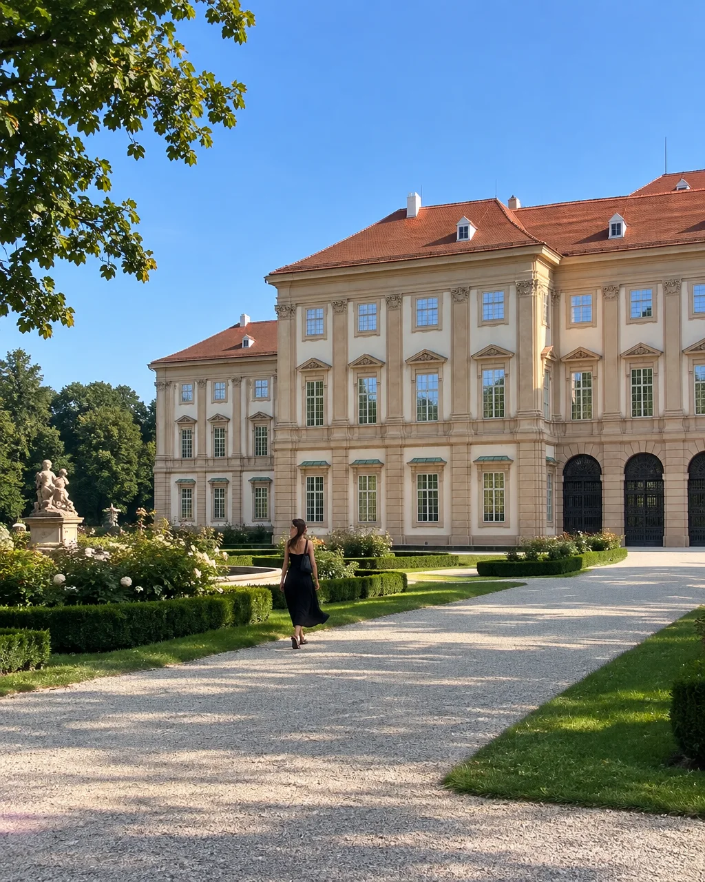 A woman in a black dress walks along a sunlit gravel path through manicured formal gardens toward a grand baroque estate.