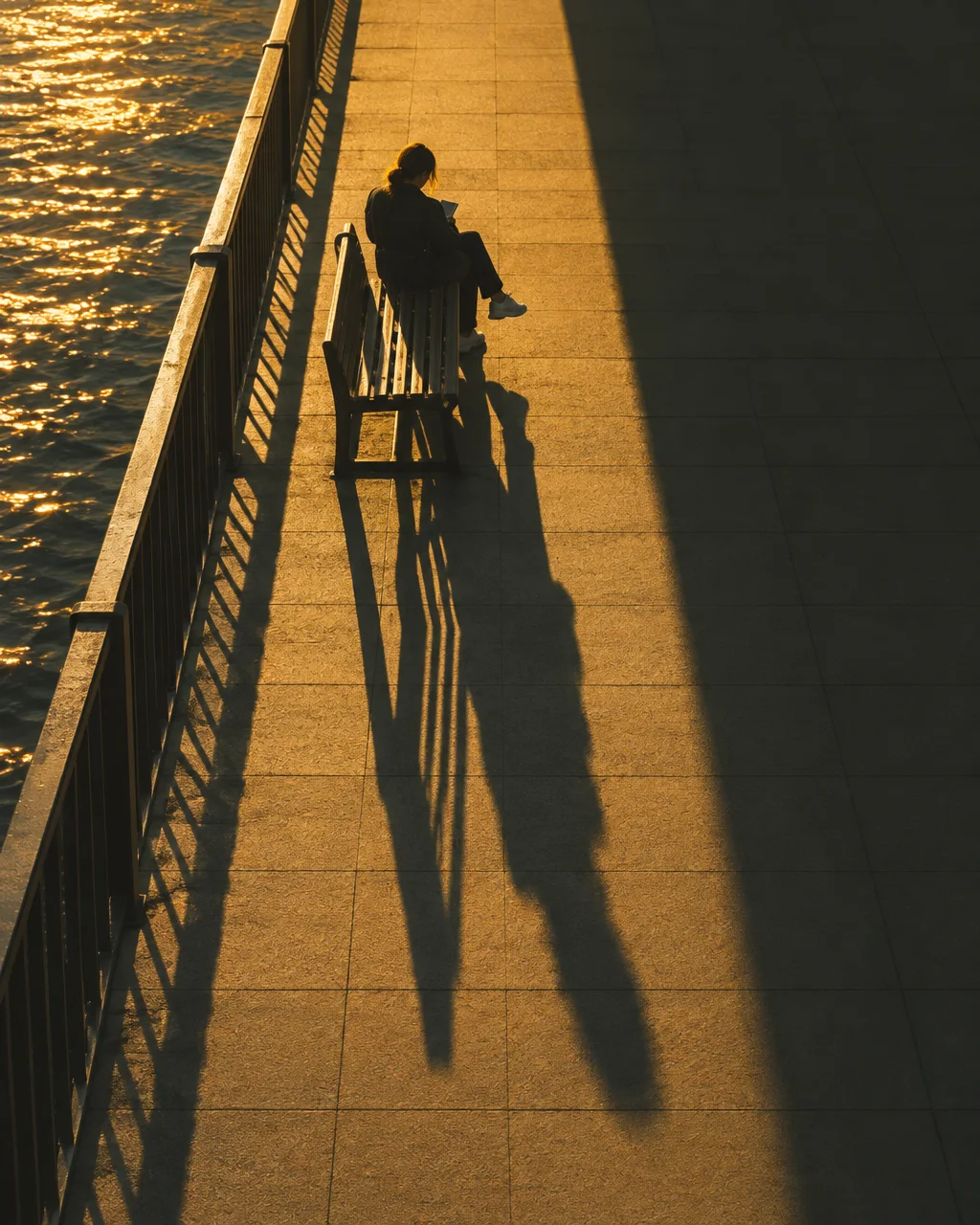 A high-angle view of a person sitting alone on a waterfront bench, casting a long shadow across the golden stone walkway.