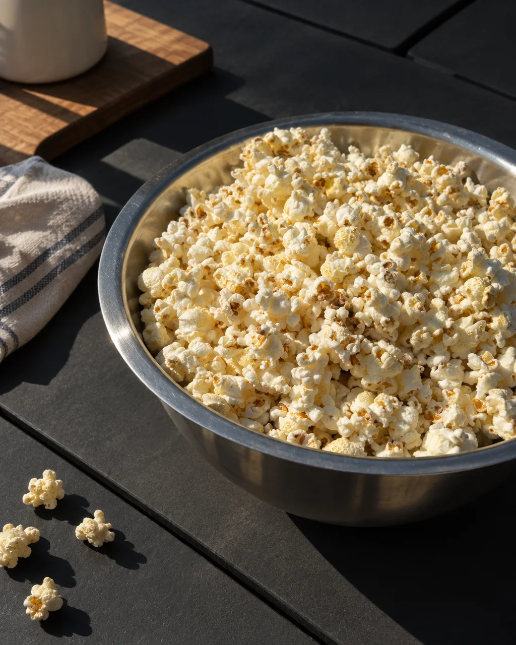 A large stainless steel bowl overflowing with freshly popped popcorn sits on a dark tabletop in bright sunlight.
