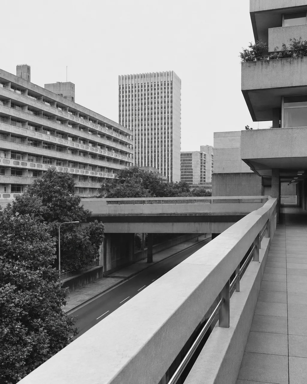 A black-and-white view from an elevated concrete walkway overlooking a quiet street, mature trees, and modernist brutalist towers.