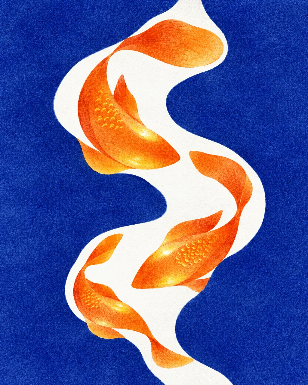 An illustration of three textured orange goldfish swimming along a winding white river against a deep cobalt blue background.