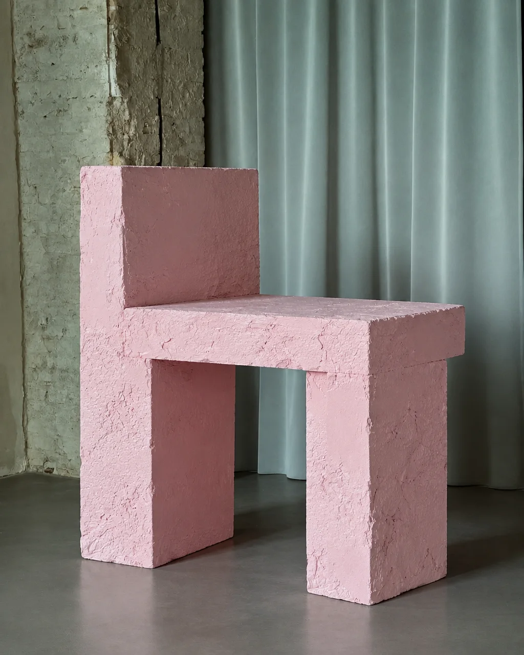 A sculptural chair made from textured pink blocks stands against draped sage curtains and an exposed brick pillar.