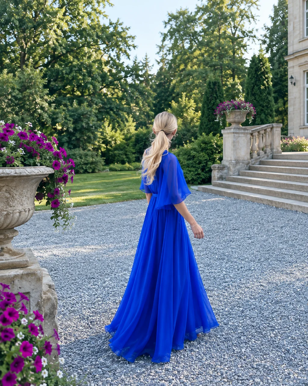 A woman in a flowing royal blue maxi dress walks across a gravel courtyard beside floral stone urns in a sunlit estate garden.