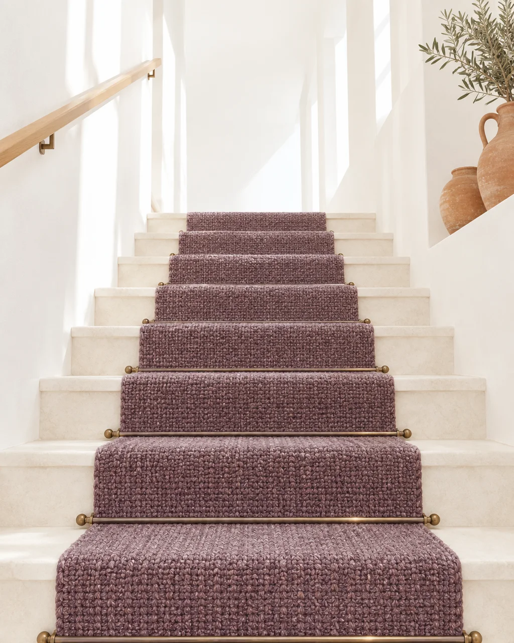 A textured purple carpet runner secured with brass rods ascends a sunlit stone staircase beside white walls and terracotta vessels.