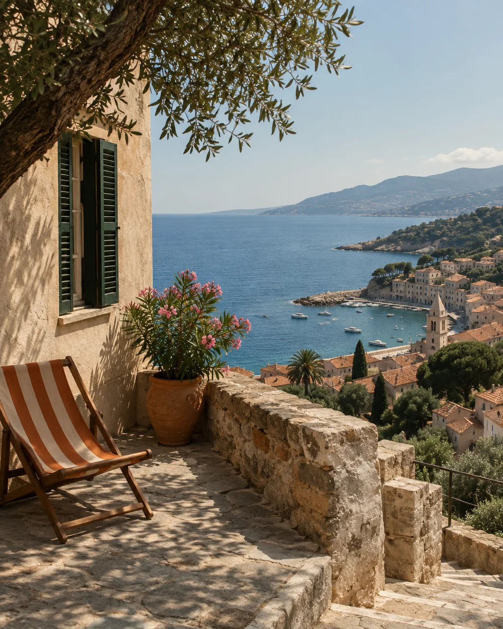 A striped deck chair sits on a shaded stone terrace overlooking a sunlit coastal bay and seaside village.