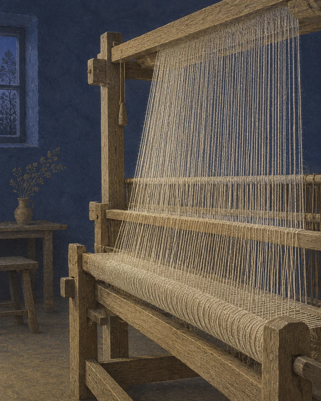 A traditional wooden loom strung with natural fiber threads in a rustic room with textured deep blue walls.