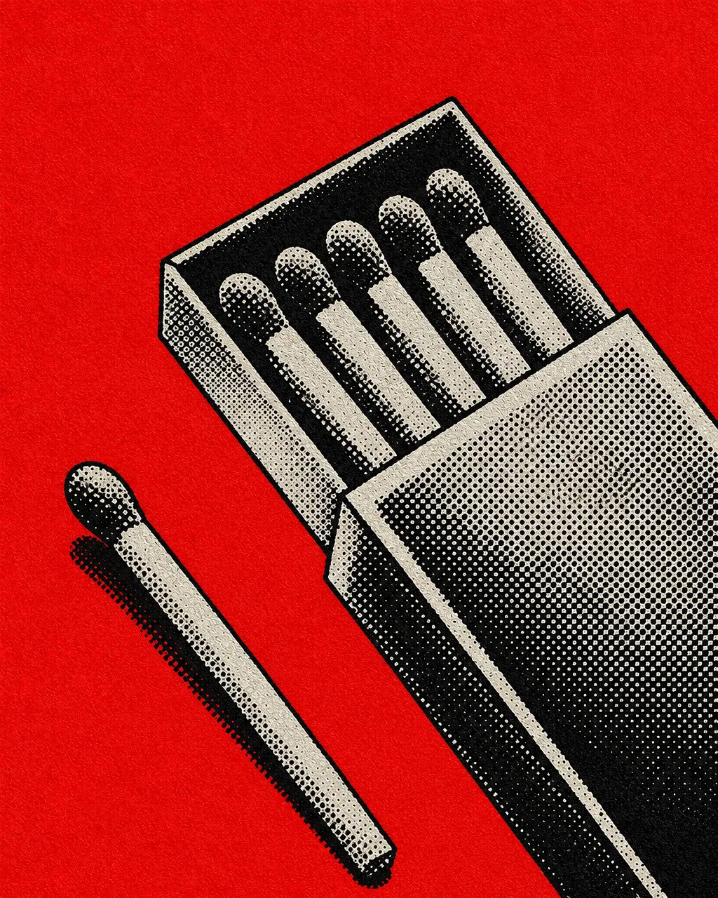 A graphic halftone illustration of an open matchbox with a single matchstick laid beside it against a solid vibrant red background.