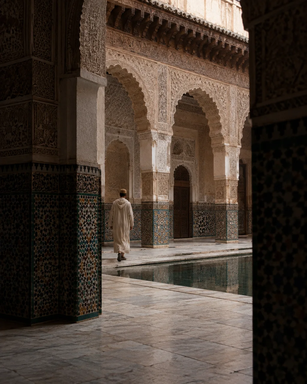 A person in a traditional robe walks beside a reflective pool in an ornate courtyard framed by intricate carved arches and mosaic tiles.