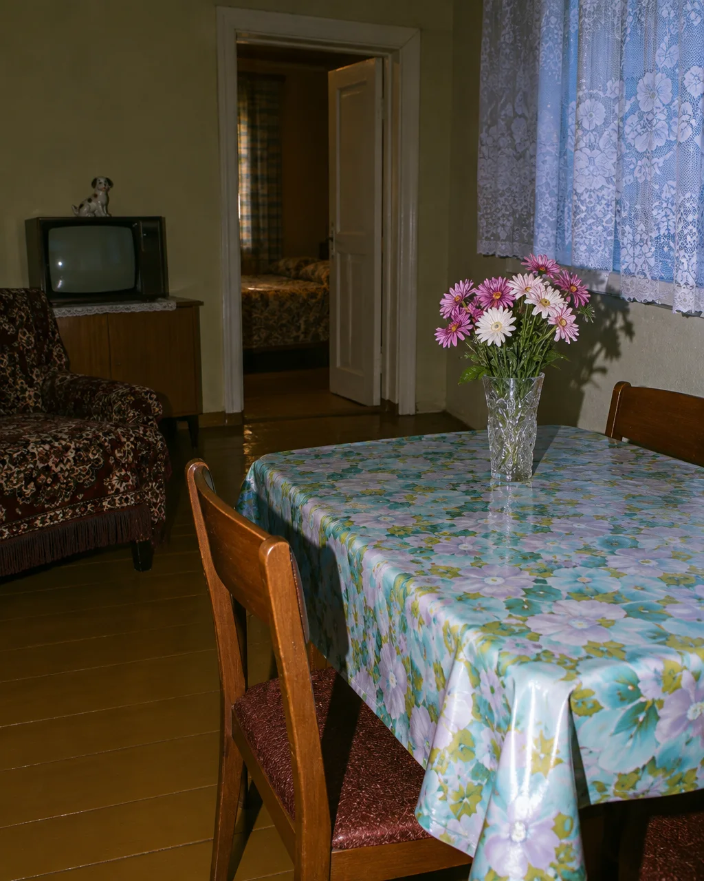A crystal vase with pink flowers sits on a patterned oilcloth table inside a retro living room with lace curtains and a vintage television.