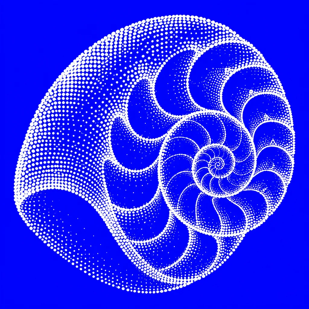 A stylized nautilus shell illustrated with white halftone dots on a bright cobalt blue background.