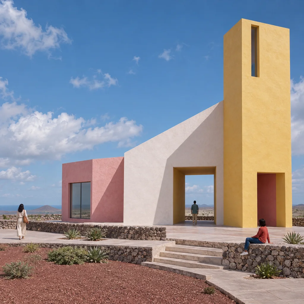 A minimalist building with bold yellow, pink, and white stucco walls stands on a stone terrace overlooking an open desert landscape.