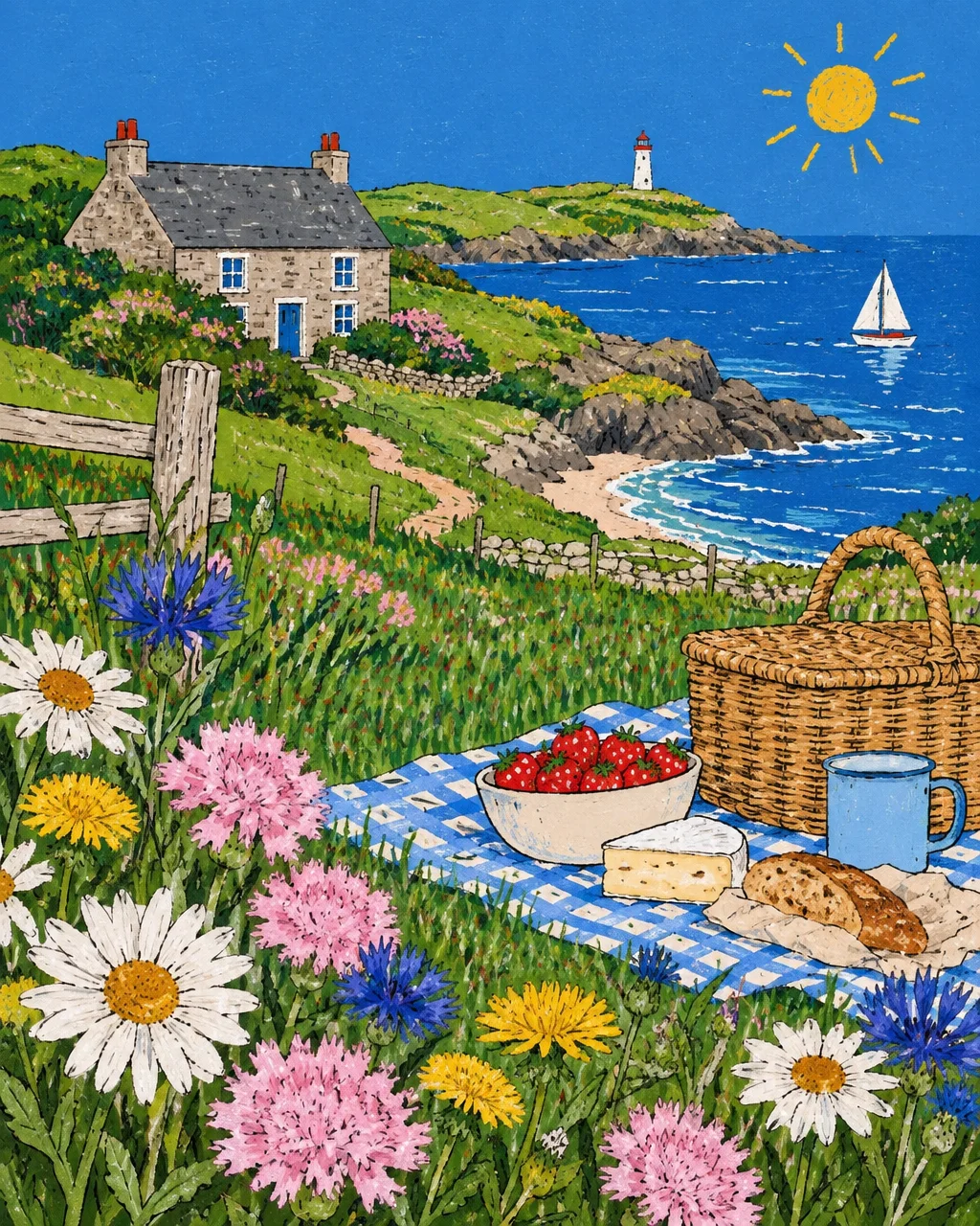 A vibrant painted coastal scene featuring a picnic spread among wildflowers overlooking a stone cottage, blue sea, and distant lighthouse.