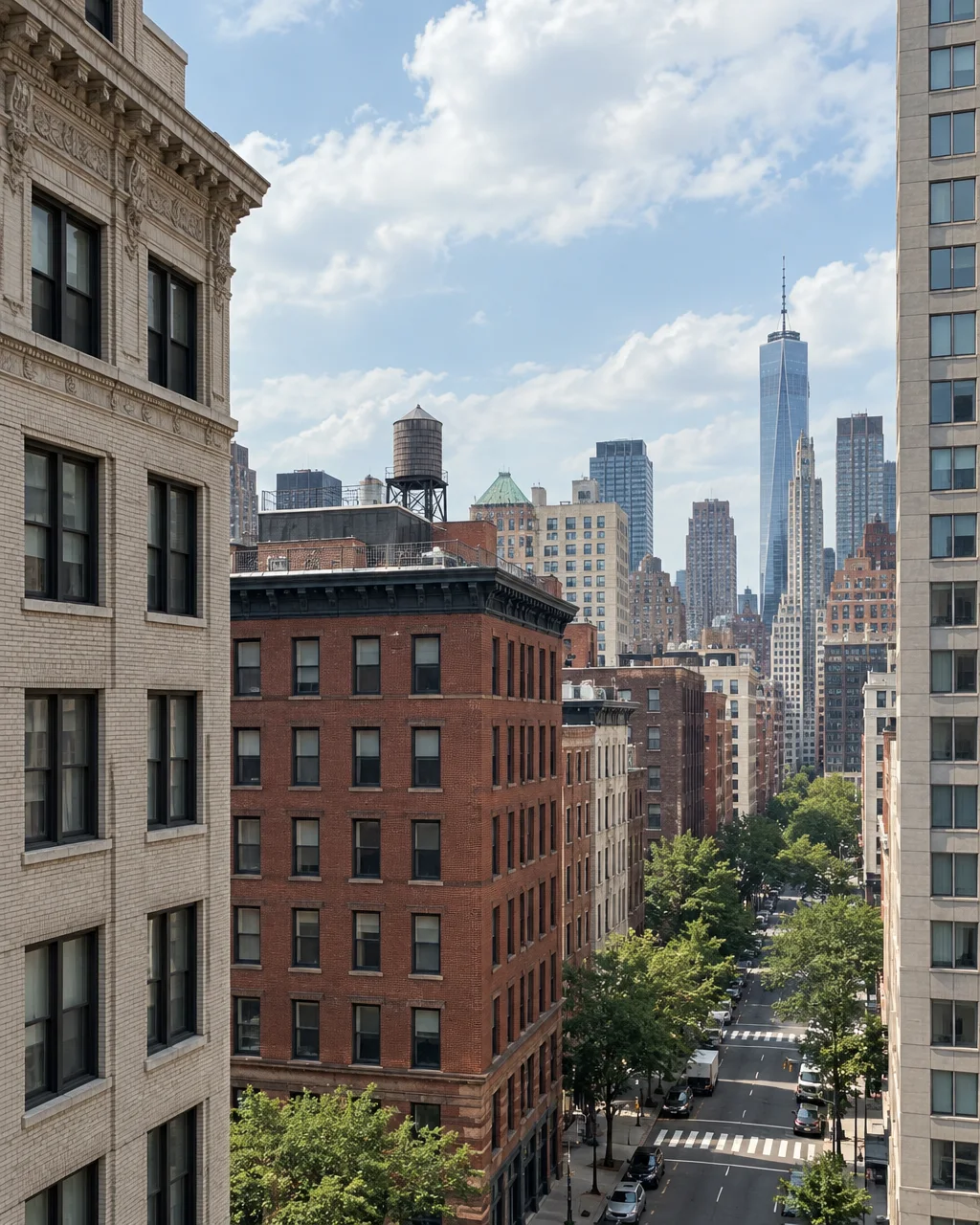 A view down a tree-lined urban street flanked by historic brick apartment buildings leading toward modern skyscrapers under a bright sky.