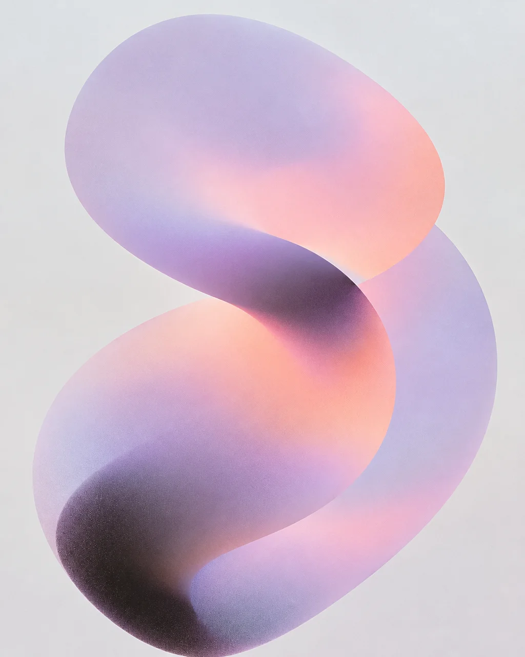 A looping three-dimensional ribbon rendered with soft lavender and peach gradients against an off-white background.