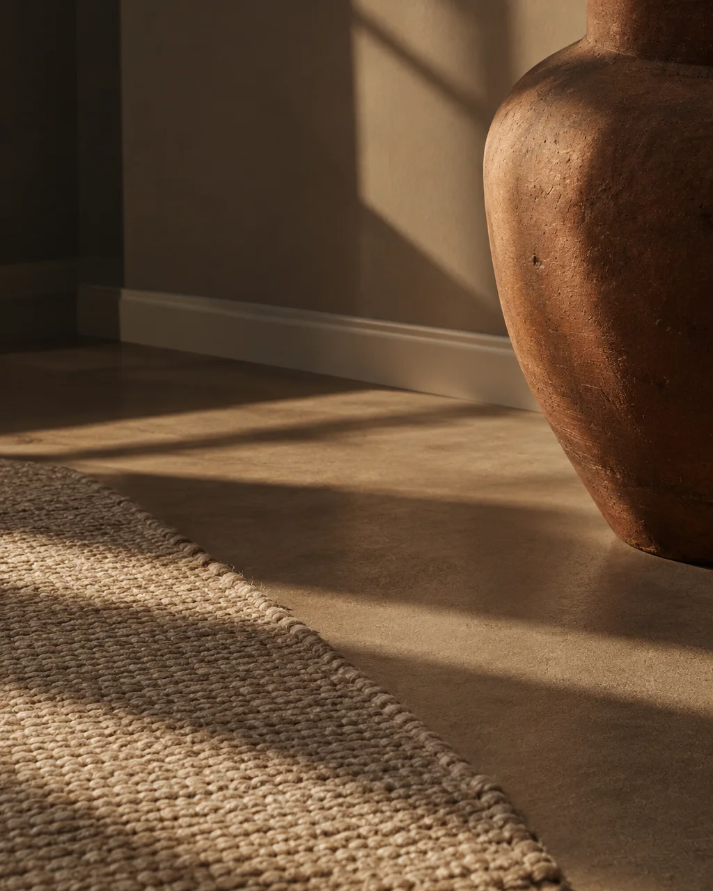 Warm sunlight casts diagonal shadows across a neutral interior with a large clay vessel, textured floor, and woven rug.