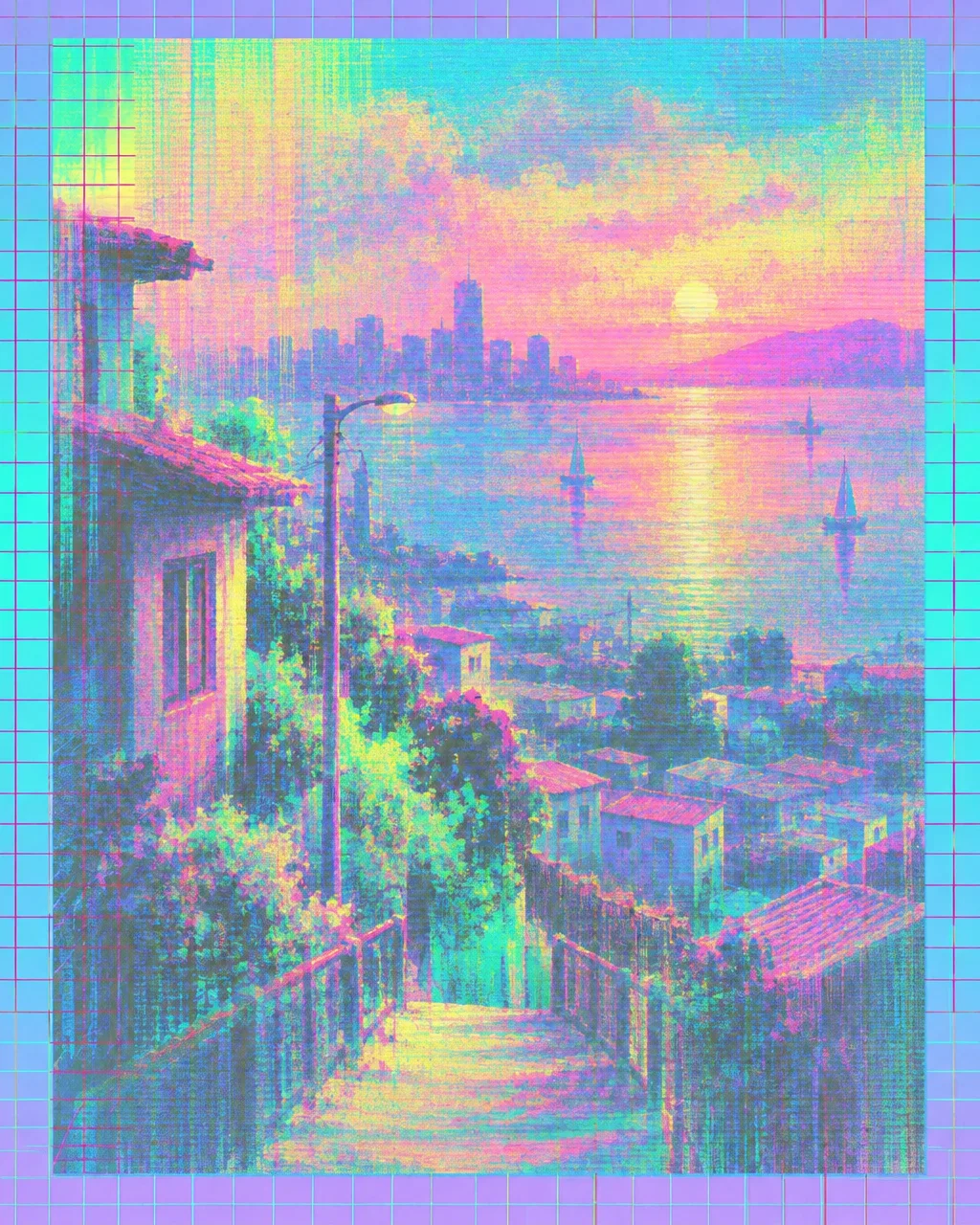 A vibrant pastel illustration of a hillside village stairway looking out over a sunlit bay and distant city skyline.