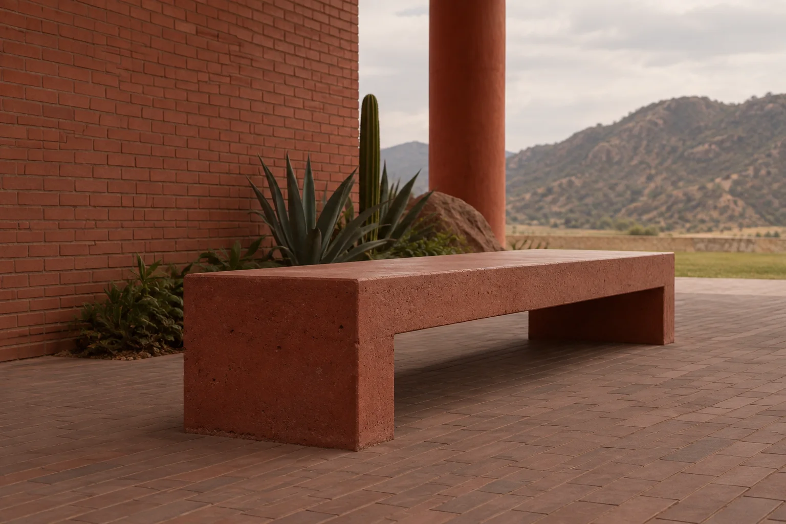 A minimalist red stone bench stands on a brick terrace framed by desert plants, geometric architecture, and distant rolling hills.