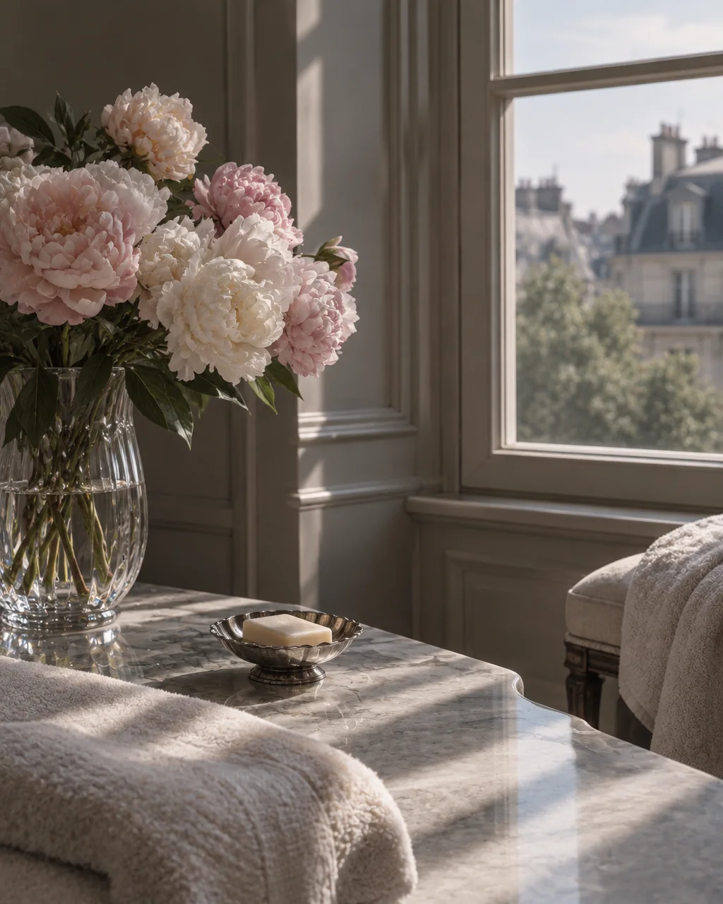 A lush bouquet of pink peonies in a crystal vase rests on a marble countertop beside a sunlit window overlooking city rooftops.
