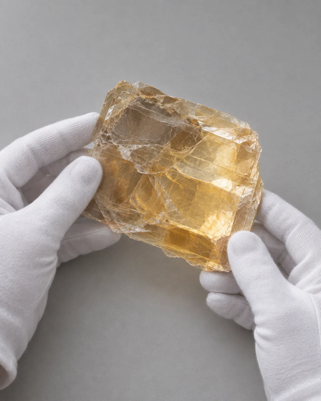 A pair of gloved hands holds a layered, translucent amber mica specimen against a neutral grey background.