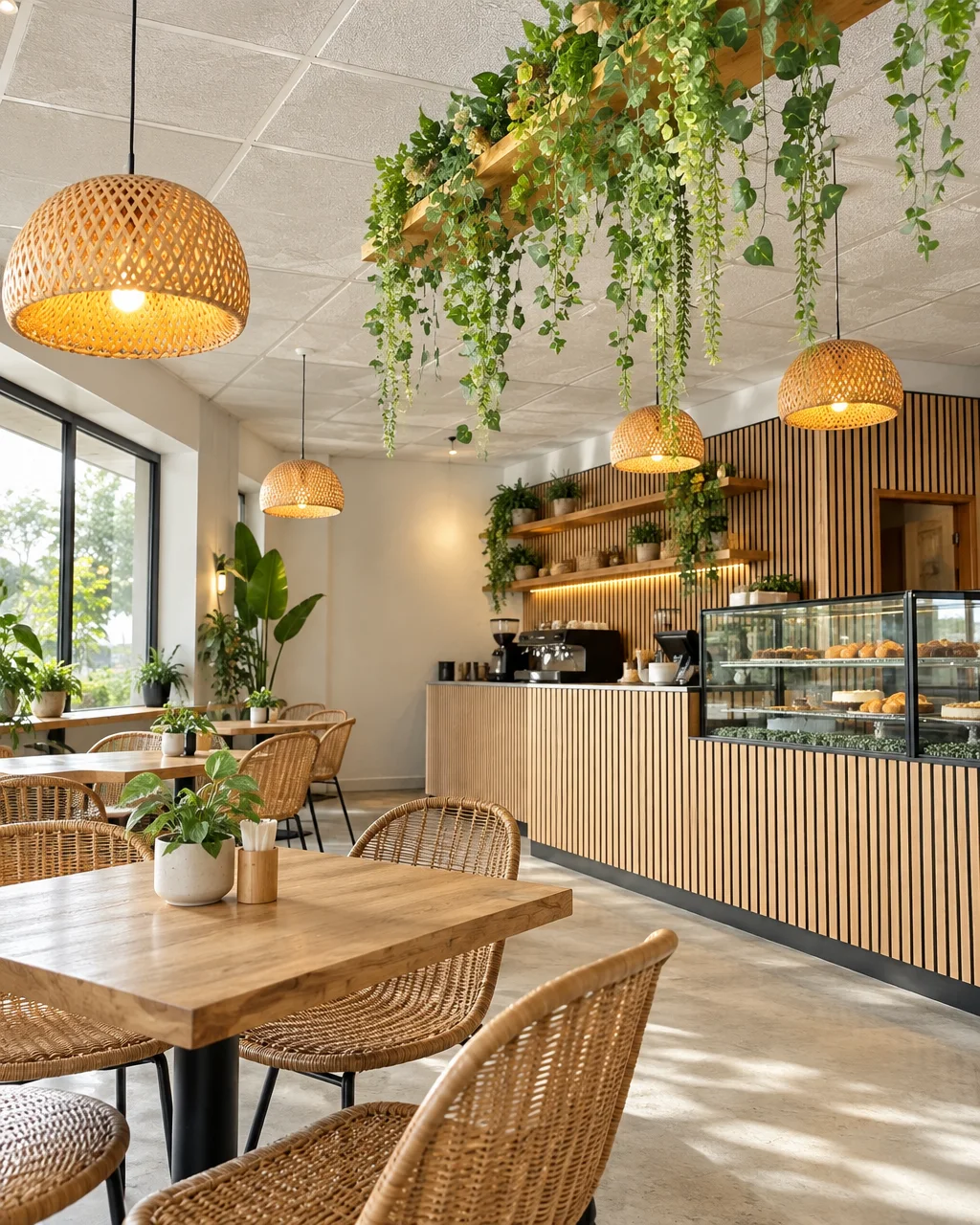 A sunlit modern cafe interior featuring wooden tables, woven wicker chairs, hanging pendant lights, and lush cascading ceiling plants.