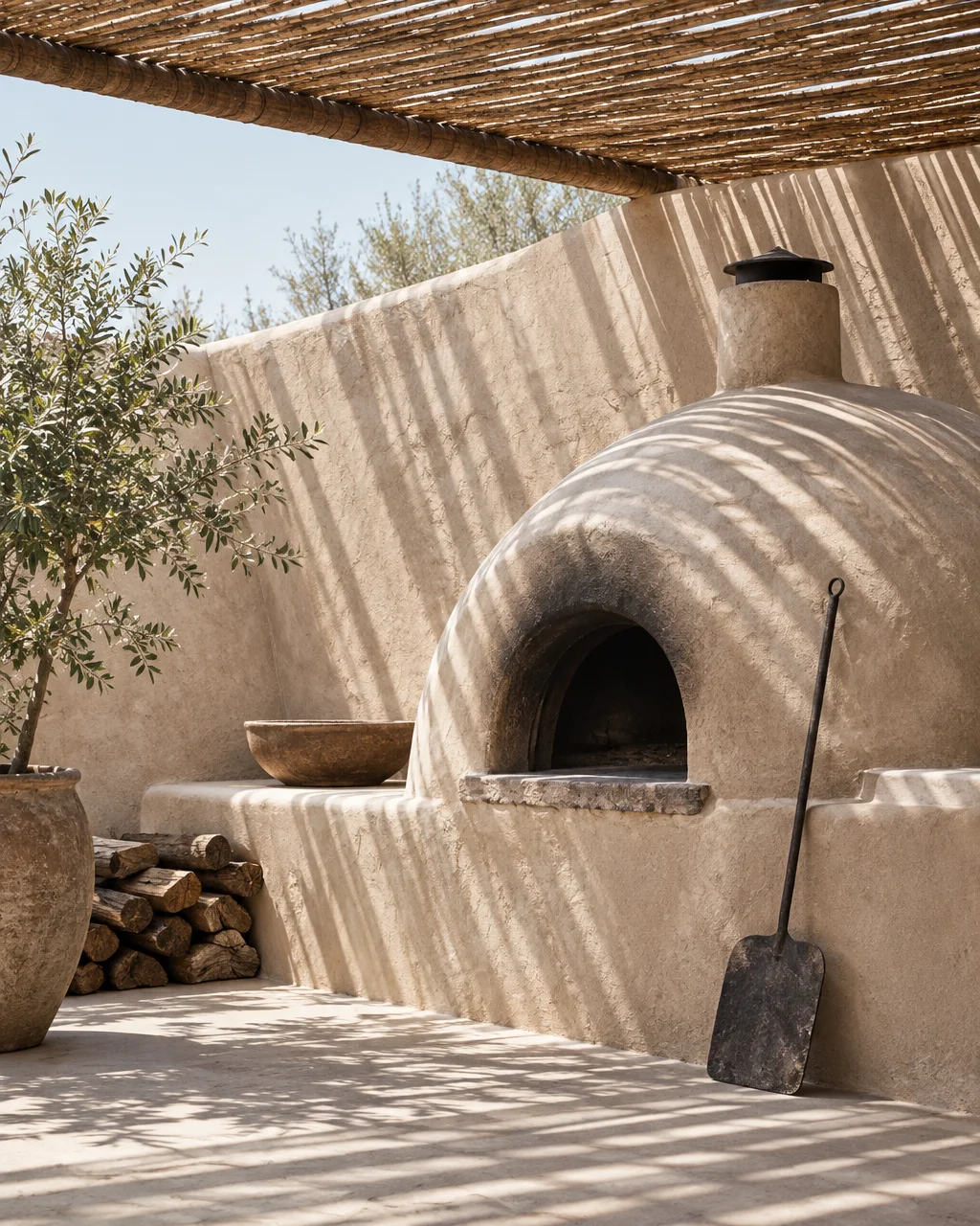 An outdoor clay oven and stacked firewood sit bathed in sunlight filtered through a slatted reed pergola on an earthy terrace.