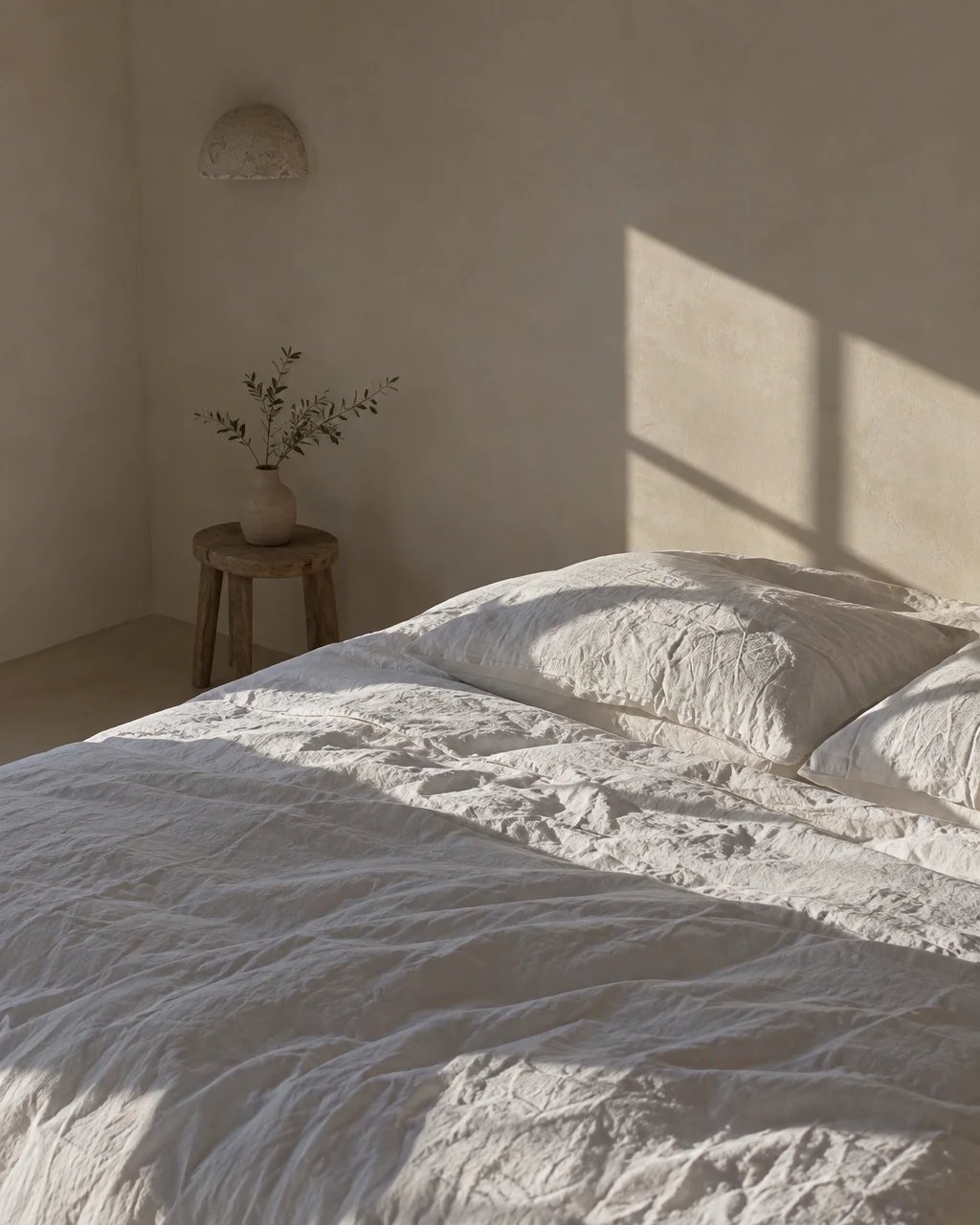 Warm sunlight casts sharp window shadows across rumpled white linen bedding in a minimalist bedroom with textured plaster walls.