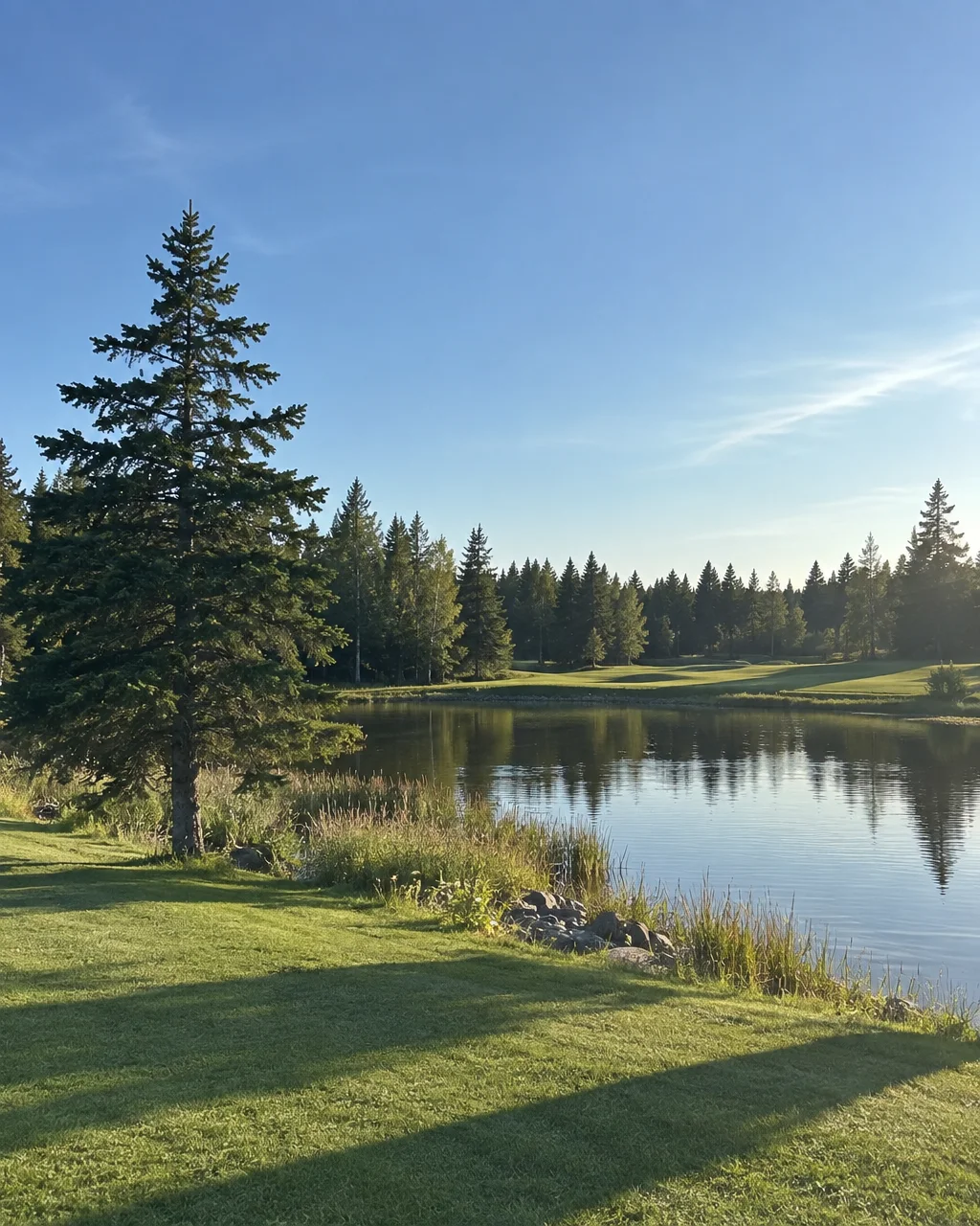 A calm pond bordered by tall grasses and an evergreen tree reflects the blue sky along a manicured fairway.