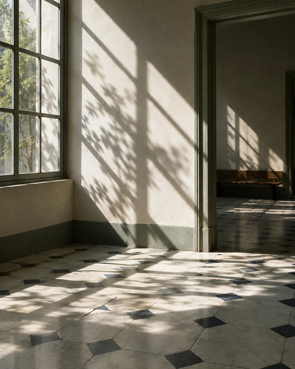 Sunlight and tree shadows fall across a patterned tile floor and minimalist plaster walls next to a tall window.