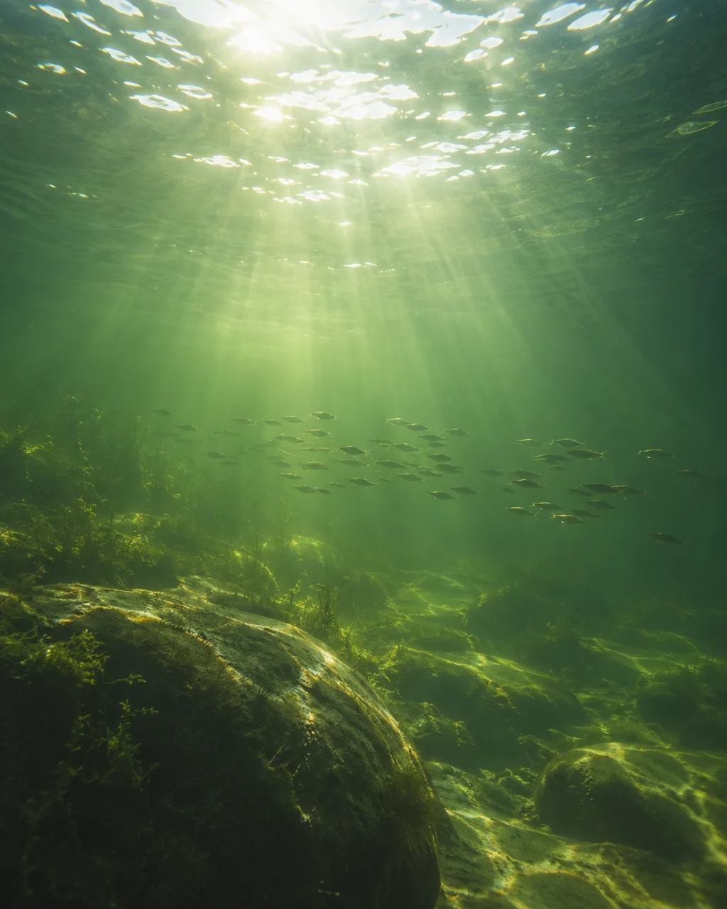 Sunlight pierces through murky green water, illuminating a school of small fish swimming above mossy rocks on the riverbed.