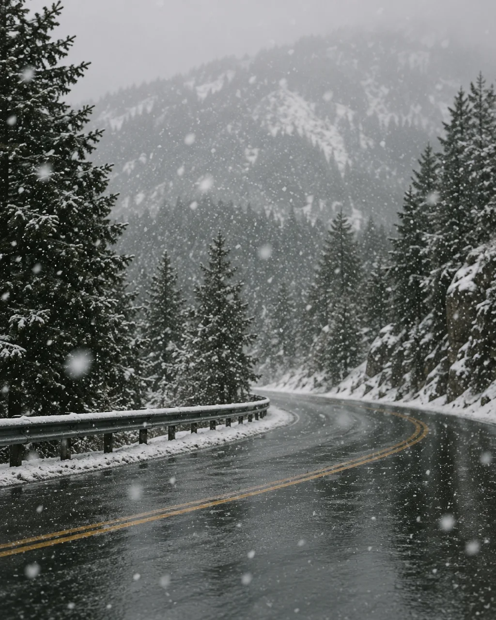 Heavy snow falling over a wet, winding mountain highway flanked by dark pine trees and rocky slopes.