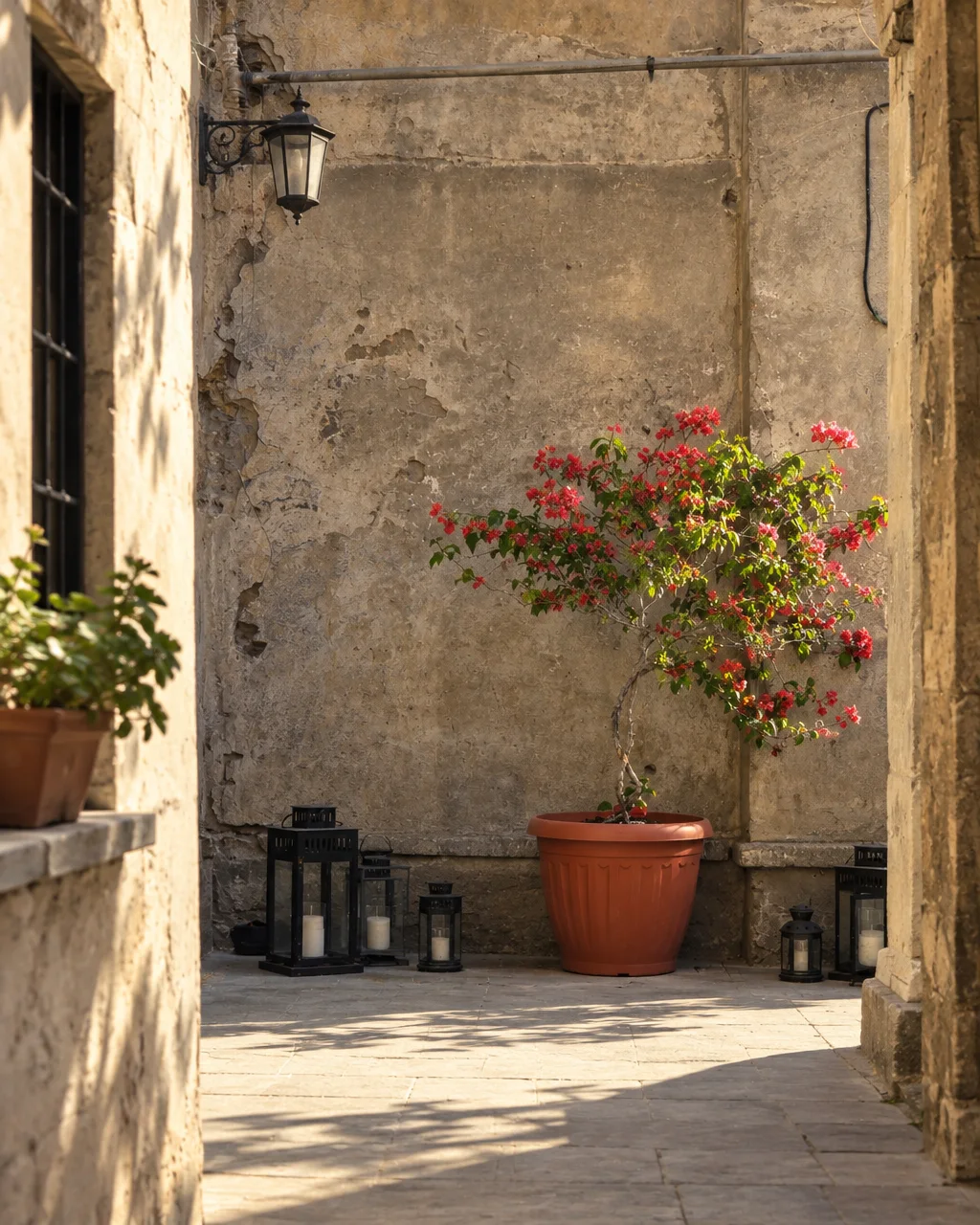 A flowering bougainvillea in a terracotta planter stands against a weathered stone wall in a sunlit Mediterranean courtyard.