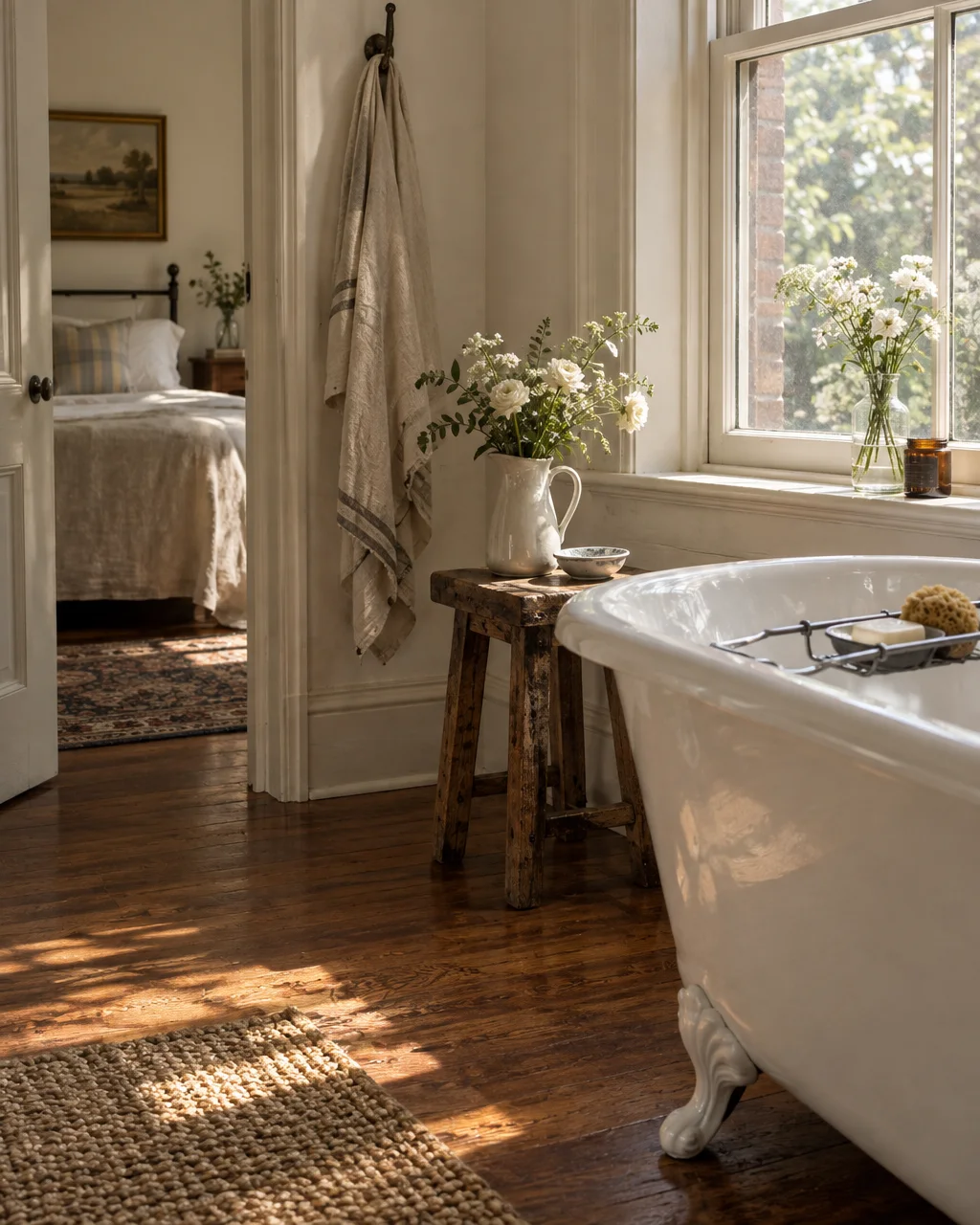 A sunlit vintage bathroom featuring a white clawfoot tub, rustic wooden stool with fresh flowers, and a doorway looking into an adjoining bedroom.